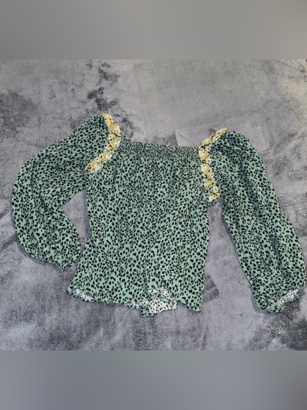 Smocked Off-Shoulder Mint Green Animal Print Blouse